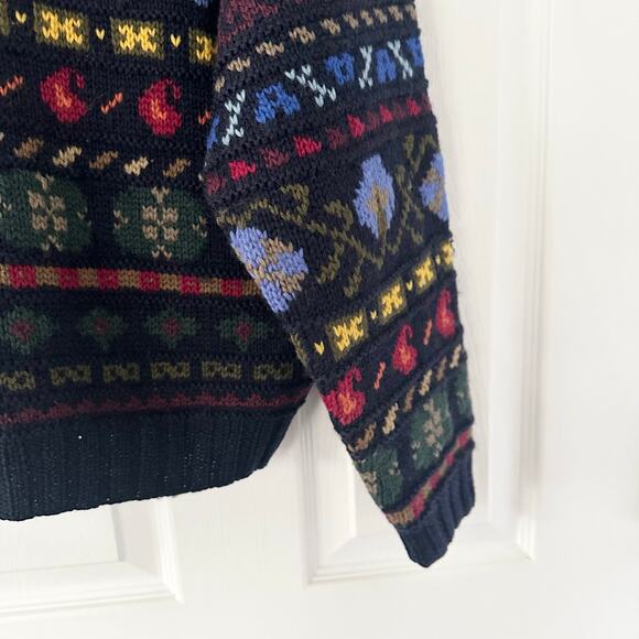LL Bean Vintage Hong Kong Black Multi Fair Isle Hand Knit Mock Neck Sweater M - Picture 5 of 8